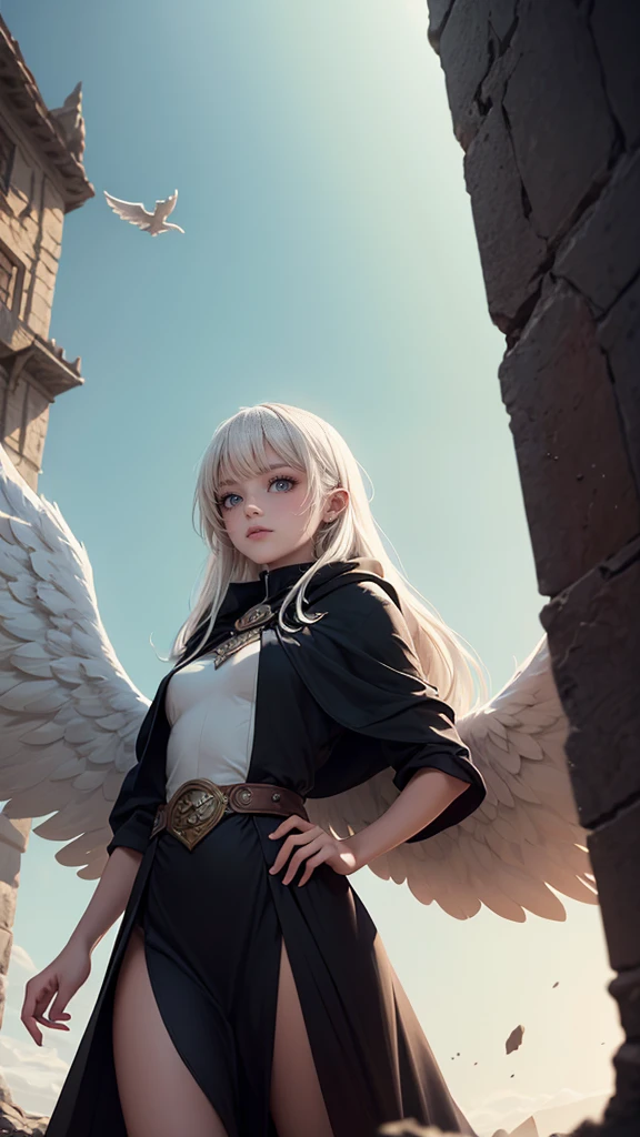 an angel brown skin woman, white wings, black dress, black cloak, long straight, white hair, Baby Bangs. (dungeons and dragons art), (fantasy), (defined lines), (flat saturated colors), (cinematic composition), (perspective), (scketch style)