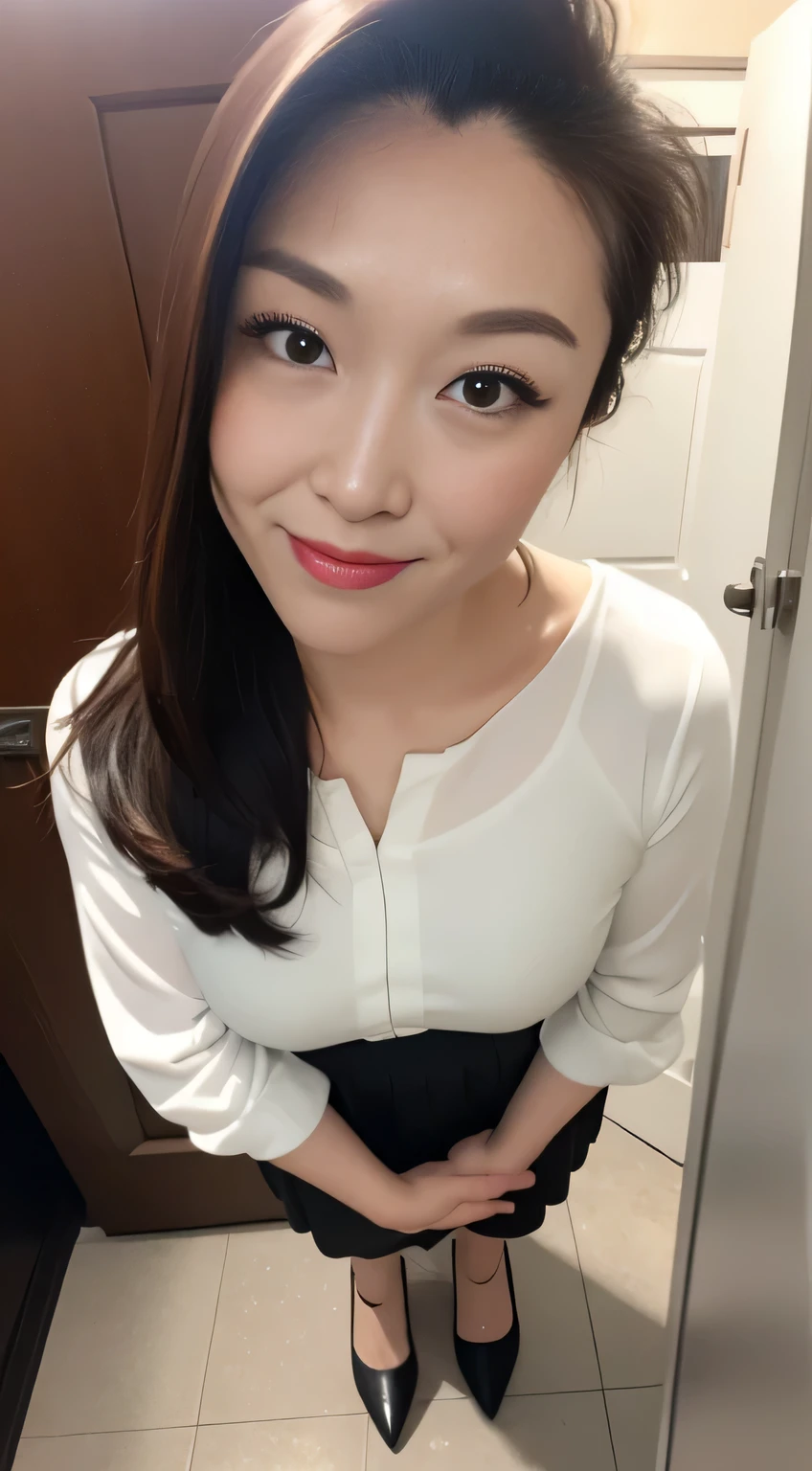One Japanese woman、28 years old、ass pov、Hair slicked back、 Low ponytail、Beautiful double eyelids、White skin、Perfect Makeup、Lip gloss、Small breasts、smile、Looking this way、Entrance to the house、Front view、Photo taken from above、Leaning forward to open the door、smile、(A loose, lightweight white blouse、Maxi length tight skirt:1. 4)、High heels、Depth of written boundary、uhd、Anatomically correct、Skin Texture、Highest quality、high detail、16K、