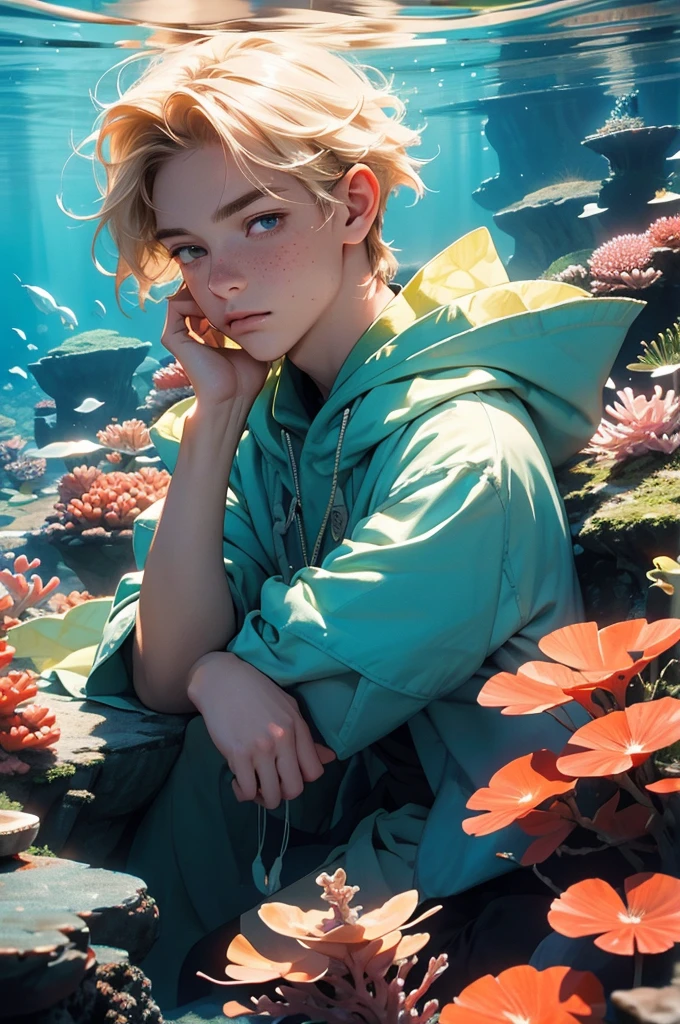 a young male tritton with medium-length blond hair, freckles, scales on certain parts of body, underwater, fish, coral, submarine vegetation, shell, clear water, tritton, long eyelashes, realistic, photorealistic, photo-realistic:1.37, 4k, ultra-detailed, extremely detailed, hyperrealistic, highly detailed, masterpiece:1.2, vibrant colors, natural lighting, cinematic, dramatic, fantasy, magical, surreal, ethereal, serene, tranquil, atmospheric, bubble, no clothes, fish man, anemone, corals.