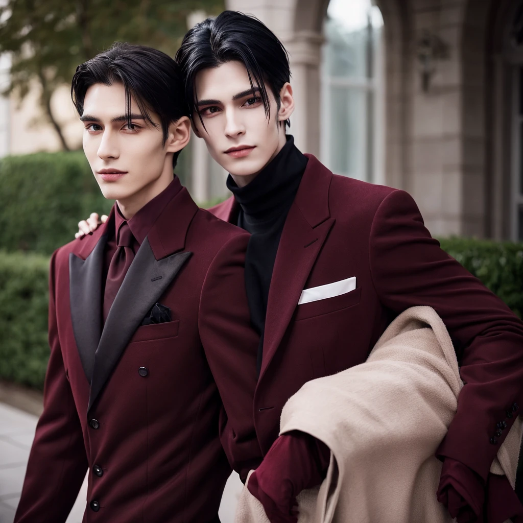 Tall vampire guy about 19 years old with black hair, gathered in a ponytail, brown eyes and a scar on his right eyebrow, dressed in a black suit with a burgundy jacket.