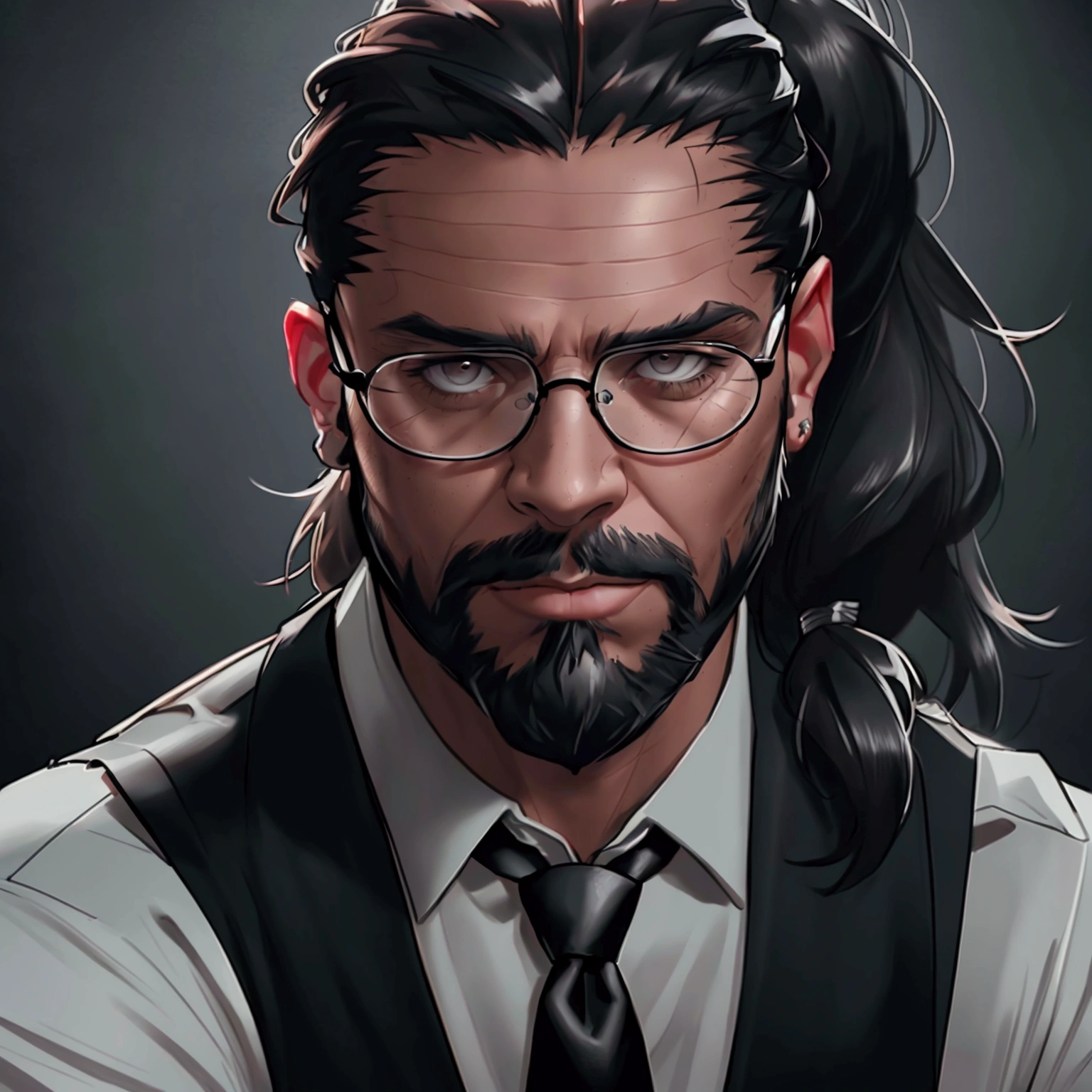 a muscular man with long dark hair in a ponytail,glasses,scruffy beard,wearing a business vest and black dress pants,solo,alone,(SOLO)(ALONE),extremely detailed portrait,photorealistic,cinematic lighting,(best quality,8k,highres,masterpiece:1.2),ultra-detailed,(realistic:1.37)