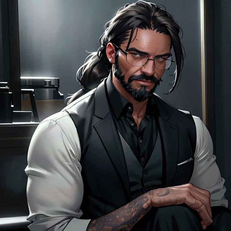 a muscular man with long dark hair in a ponytail,glasses,scruffy beard,wearing a business vest and black dress pants,solo,alone,(SOLO)(ALONE),extremely detailed portrait,photorealistic,cinematic lighting,(best quality,8k,highres,masterpiece:1.2),ultra-detailed,(realistic:1.37)