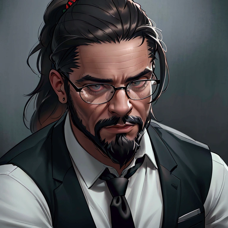 a muscular man with long dark hair in a ponytail,glasses,scruffy beard,wearing a business vest and black dress pants,solo,alone,(SOLO)(ALONE),extremely detailed portrait,photorealistic,cinematic lighting,(best quality,8k,highres,masterpiece:1.2),ultra-detailed,(realistic:1.37)