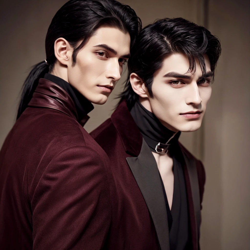 Tall vampire guy about 19 years old with black hair, gathered in a ponytail, brown eyes and a scar on his right eyebrow, dressed in a black suit with a burgundy jacket. 