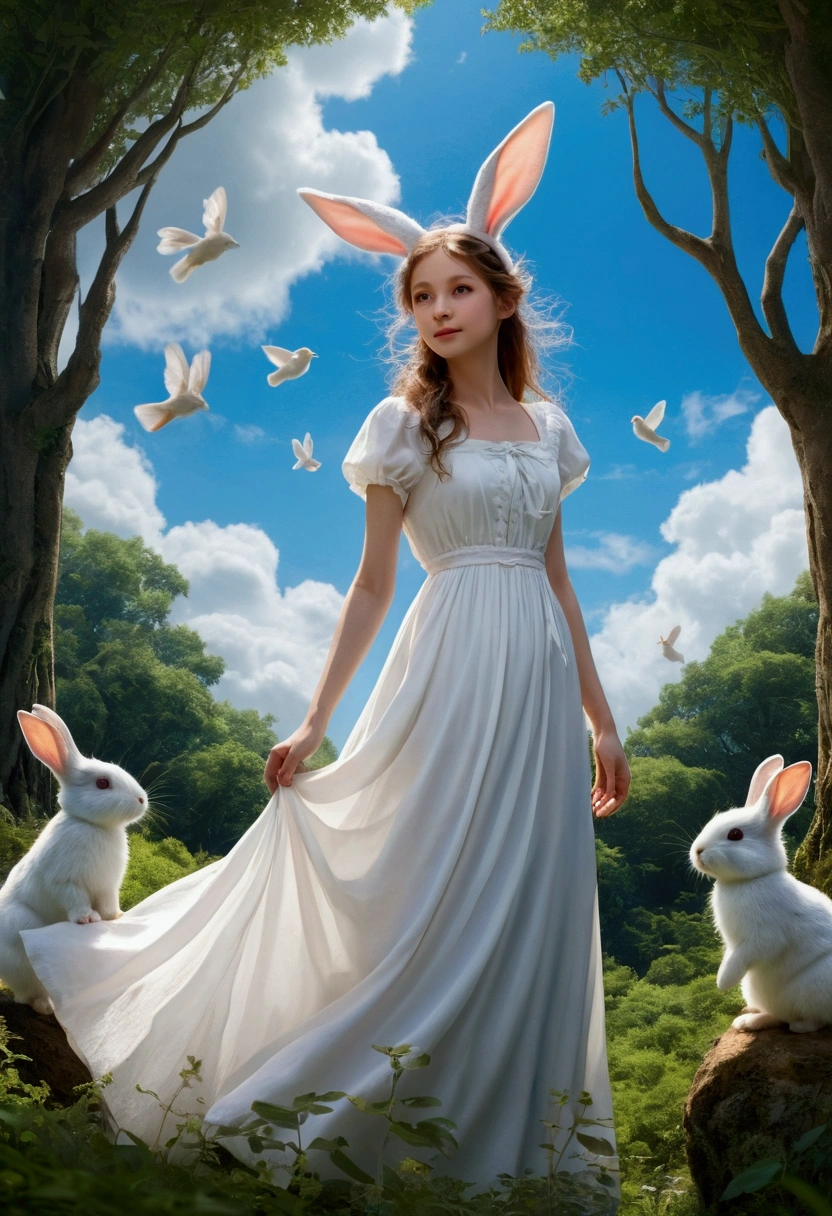 Rabbit fairy，Long hairy ears，it's lovely，Long white dress，at a forest，Blue sky，White clouds，A flock of small birds，There is a group of little rabbits around，