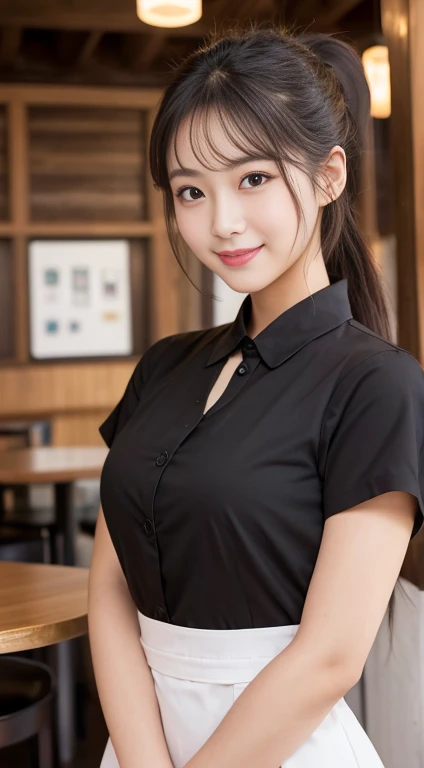 (Highest quality,masterpiece:1.3,Ultra-high resolution,),(Very detailed,Caustics),(Realistic:1.4,RAW shooting,)Ultra-Realistic Capture,Very detailed,High resolution 16K human skin closeup。 Natural skin texture、,pores、、It must be detailed enough to be easily identifiable。 Skin tone is even and healthy looking。 Use natural light and colour,restaurant,Waitress Uniform,1 girl,Japanese,18-year-old,cute,Black-haired,ponytail,,smile,Turn your body forward,(Front view:1.1),Looking into the camera,Cowboy Shot,　Lips that captivate men　Thick lips　Cherry colored lipstick