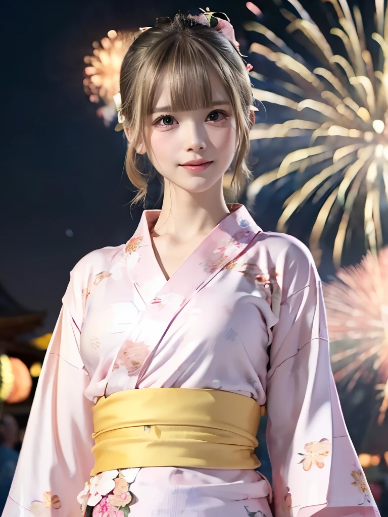 raw photo, 8k, (top-quality), Realistic, (real picture, Intricate details), (natural skin texture, detailed skin, hyper realism, sharpness), (pale skin:1.5), Japanese  girl walking in shopping street at night, (sexy floral pink yukata:1.5), slender body, (blonde hair, bun hairstyle, blunt bangs), shy smile, night time, (fireworks:1.5)