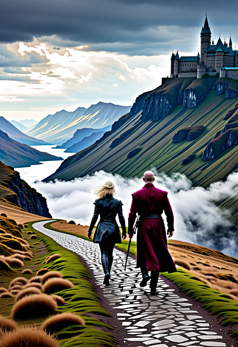 (((ultra realistic))) Photo, masterpiece, top quality, An enigmatic lone swordsman strides gracefully into a foreboding, perilous landscape, accompanied by a mysterious female warrior, her long silver hair flowing in the wind. Together, they walk along a winding road stretching behind them, vanishing into the distance. In the far background, a mist-shrouded city rises from the shadows, its towering spires and grand architecture a testament to a long-forgotten era. His tattered cloak billows behind him, with his sword safely sheathed at his hip, while her slender hand rests on the hilt of her own sheathed sword at her side. The scene is depicted in a vivid and immersive painting, with rich colors and intricate details that bring the characters to life. The overall composition is both dynamic and atmospheric, drawing viewers in with its sense of mystery and adventure., des3rt4rmor, 