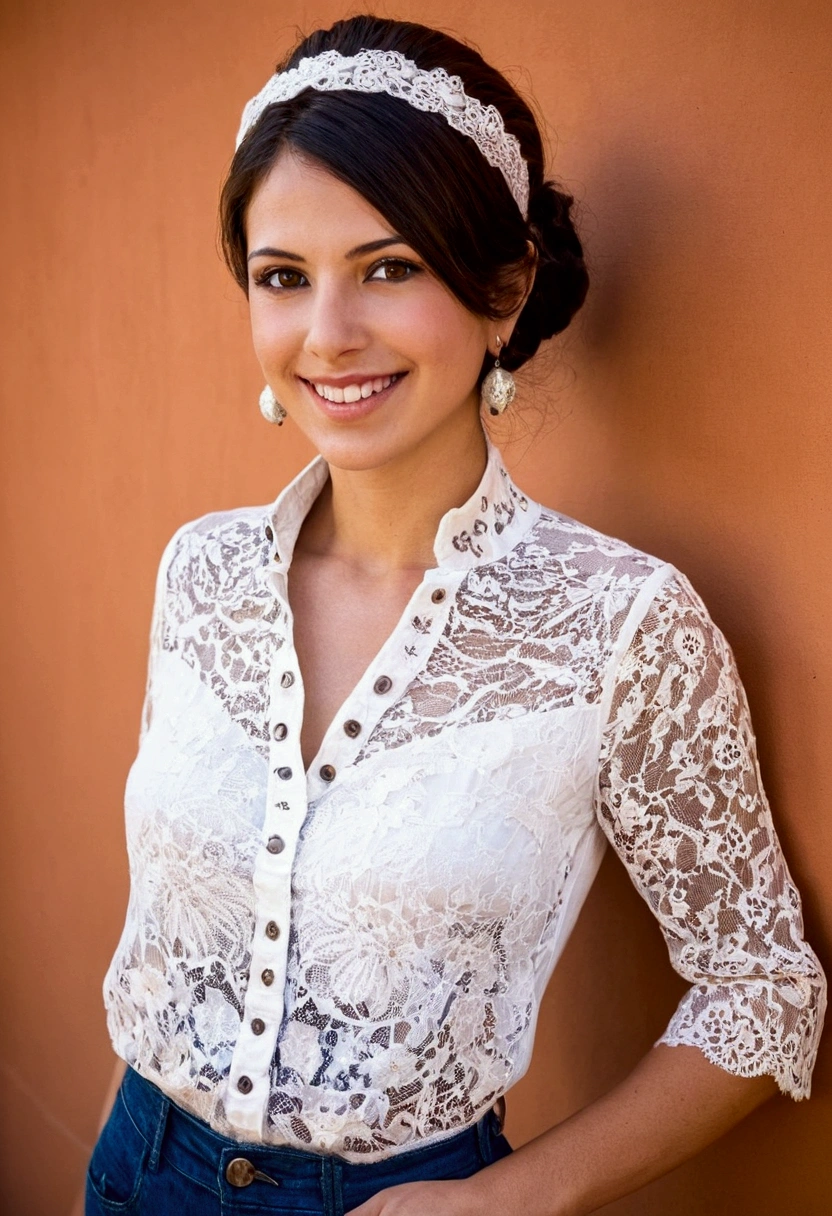 portrait Valentina López (Paraguayan) Valentina is a tall, slender woman with a confident and elegant aura. She has straight, dark brown hair that she sometimes wears in a stylish updo or lets flow freely. Her skin is a warm olive tone, and her hazel eyes have a captivating depth. Valentina's smile is both charming and charismatic. She usually dresses in trendy yet comfortable country outfits, such as blouses with lace details, denim skirts, and boots, often accessorizing with colorful scarves or headbands.