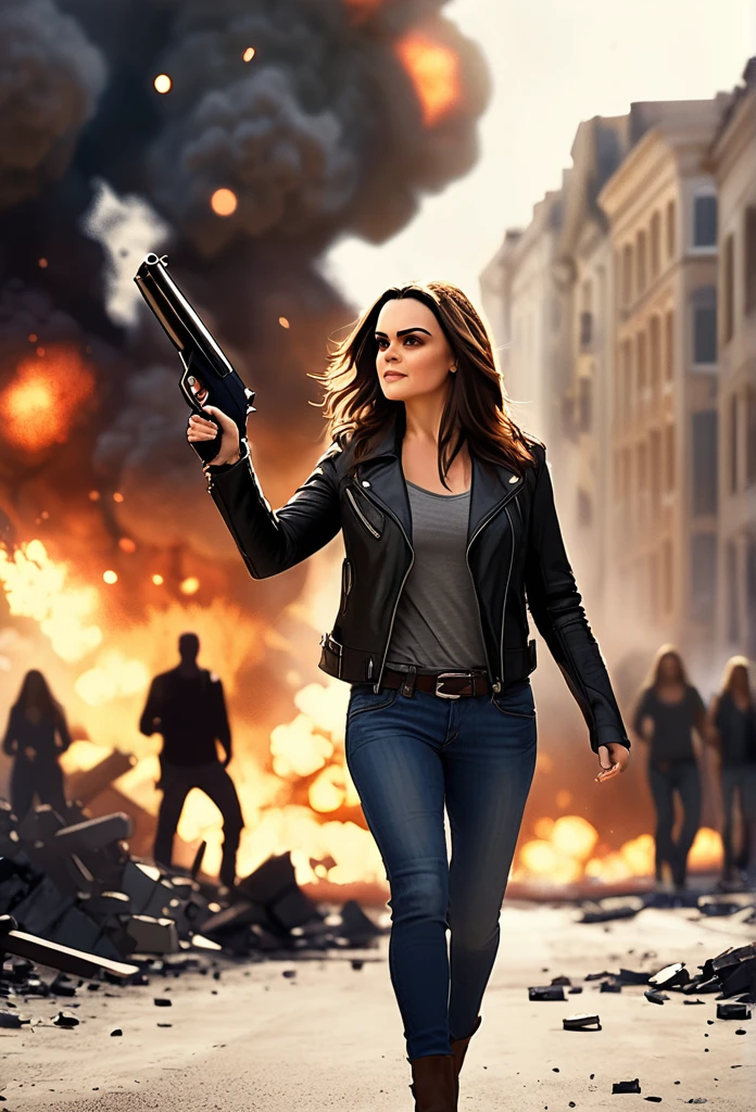 cool movie featuring Preity Zinta long brown hair, walking towards the audience, pointing a gun, very perfect, cool, big explosion in the background, debris flying everywhere, black leather jacket, jeans, fire, smoke, shallow depth of field, sketch, very detailed, big budget, bokeh, cinemascope, moody, epic, beautiful, film grain, grainy