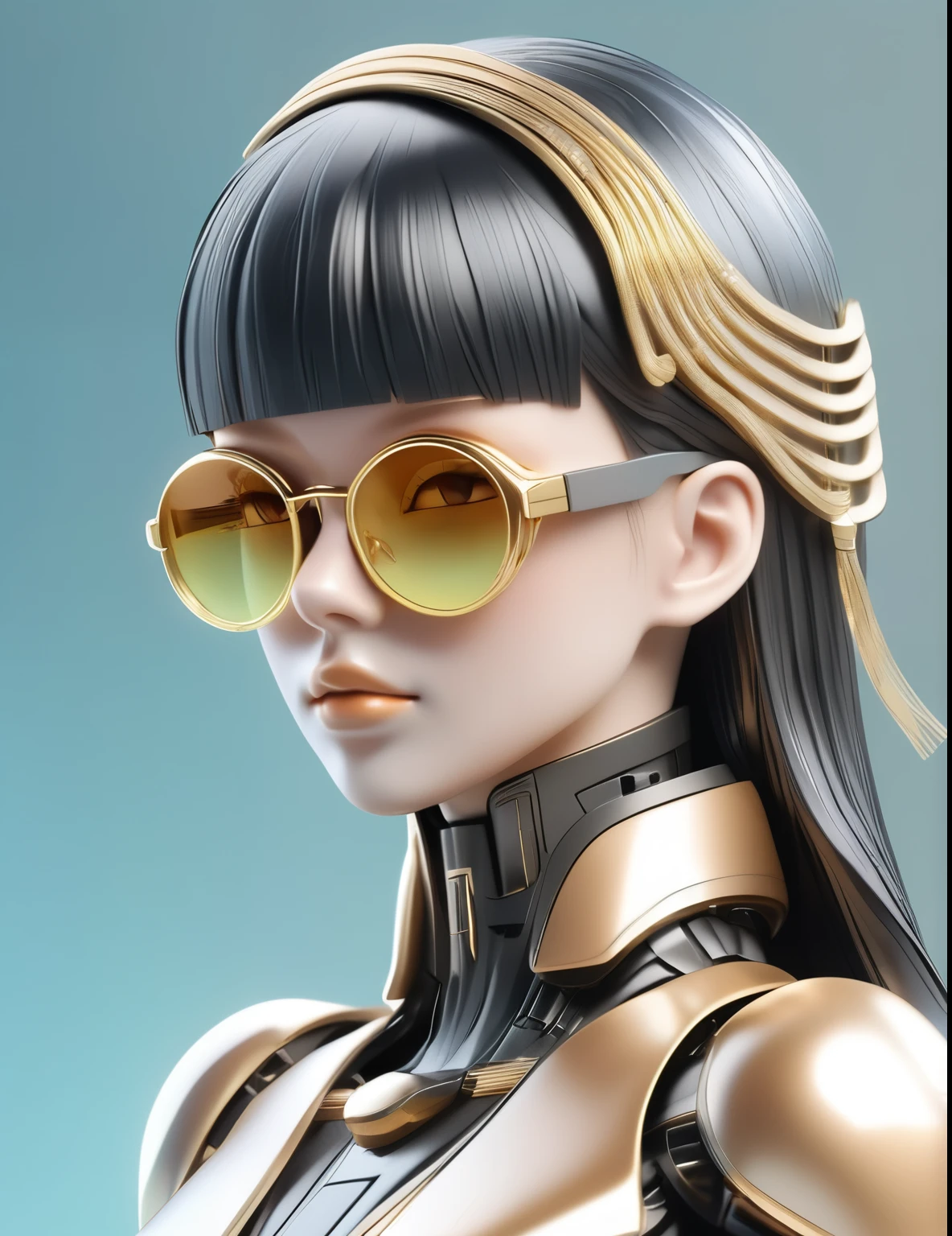 3D illustration of the upper body and face of an artificial intelligence model wearing futuristic glasses, Stylish glasses with tassels，Gradient Background, Pastel Color Palette, Black Gold, Simplicity, Cold metal texture, Surrealism,