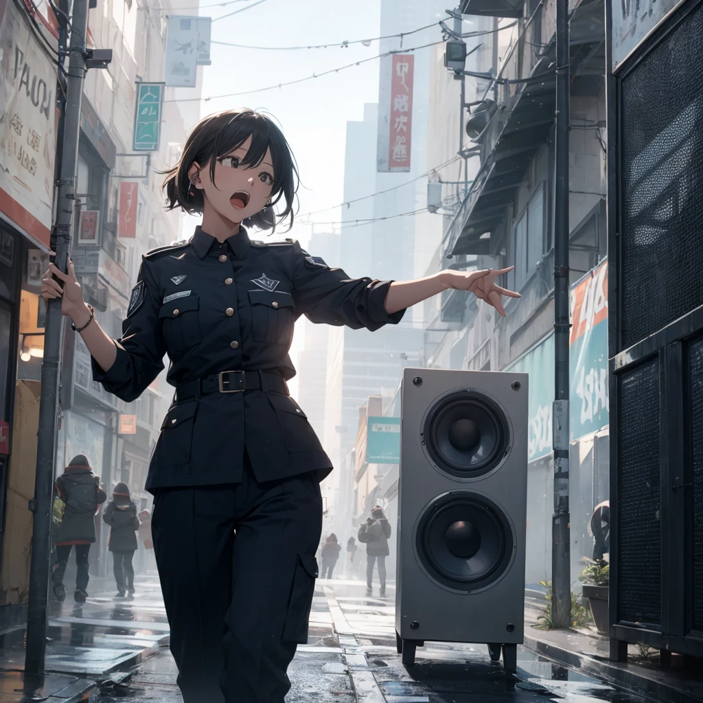 A beautiful woman in an OL uniform、shouting something into a loudspeaker