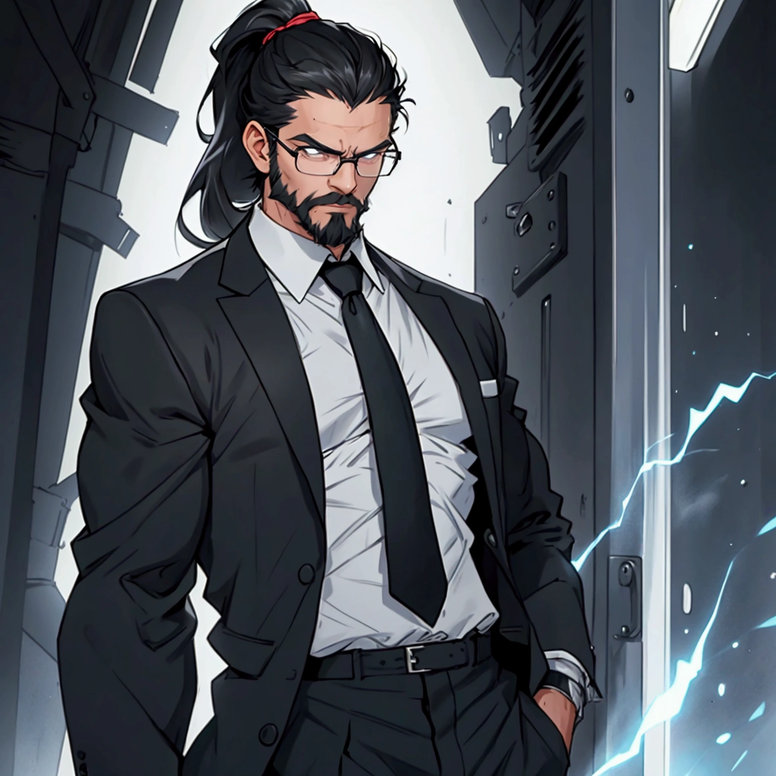 a muscular male with a ponytail, wearing glasses, wearing a business vest and black dress pants, has black hair, has a light scruffy beard, solo, alone, (SOLO)(ALONE) from the waist up, has glowing electrical powers