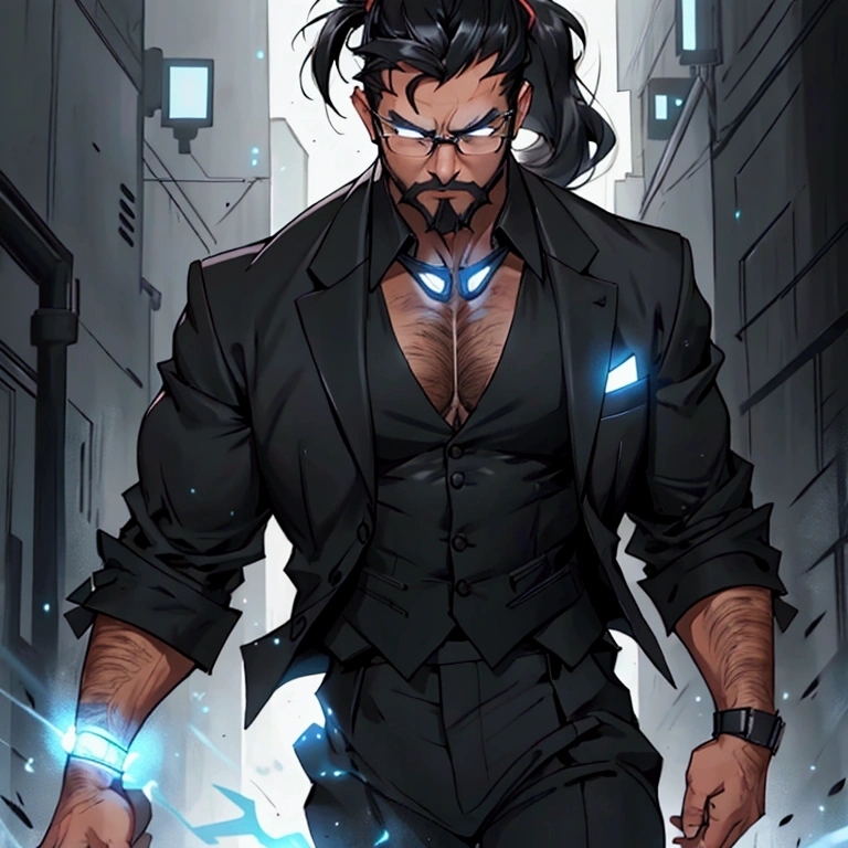 a muscular male with a ponytail, wearing glasses, wearing a business vest and black dress pants, has black hair, has a light scruffy beard, solo, alone, (SOLO)(ALONE) from the waist up, has glowing electrical powers