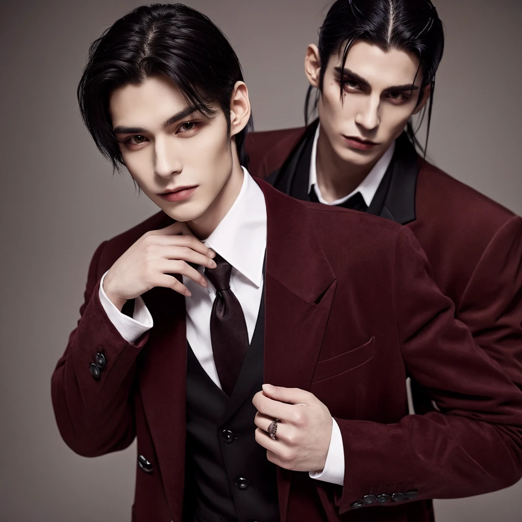Tall vampire guy about 19 years old with black hair, gathered in a ponytail, brown eyes and a scar on his right eyebrow, dressed in a black suit with a burgundy jacket. 