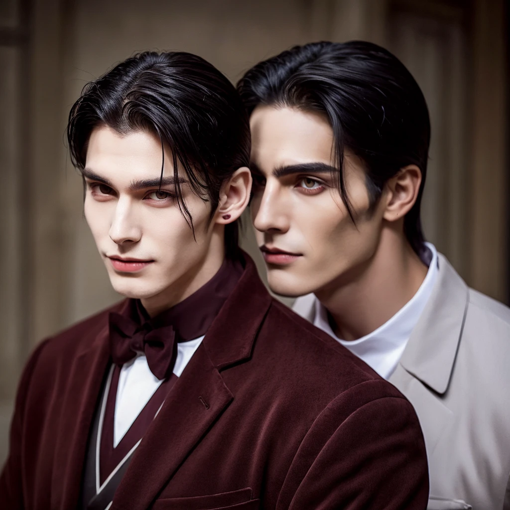 Tall vampire guy about 19 years old with black hair, gathered in a ponytail, brown eyes and a scar on his right eyebrow, dressed in a black suit with a burgundy jacket. 