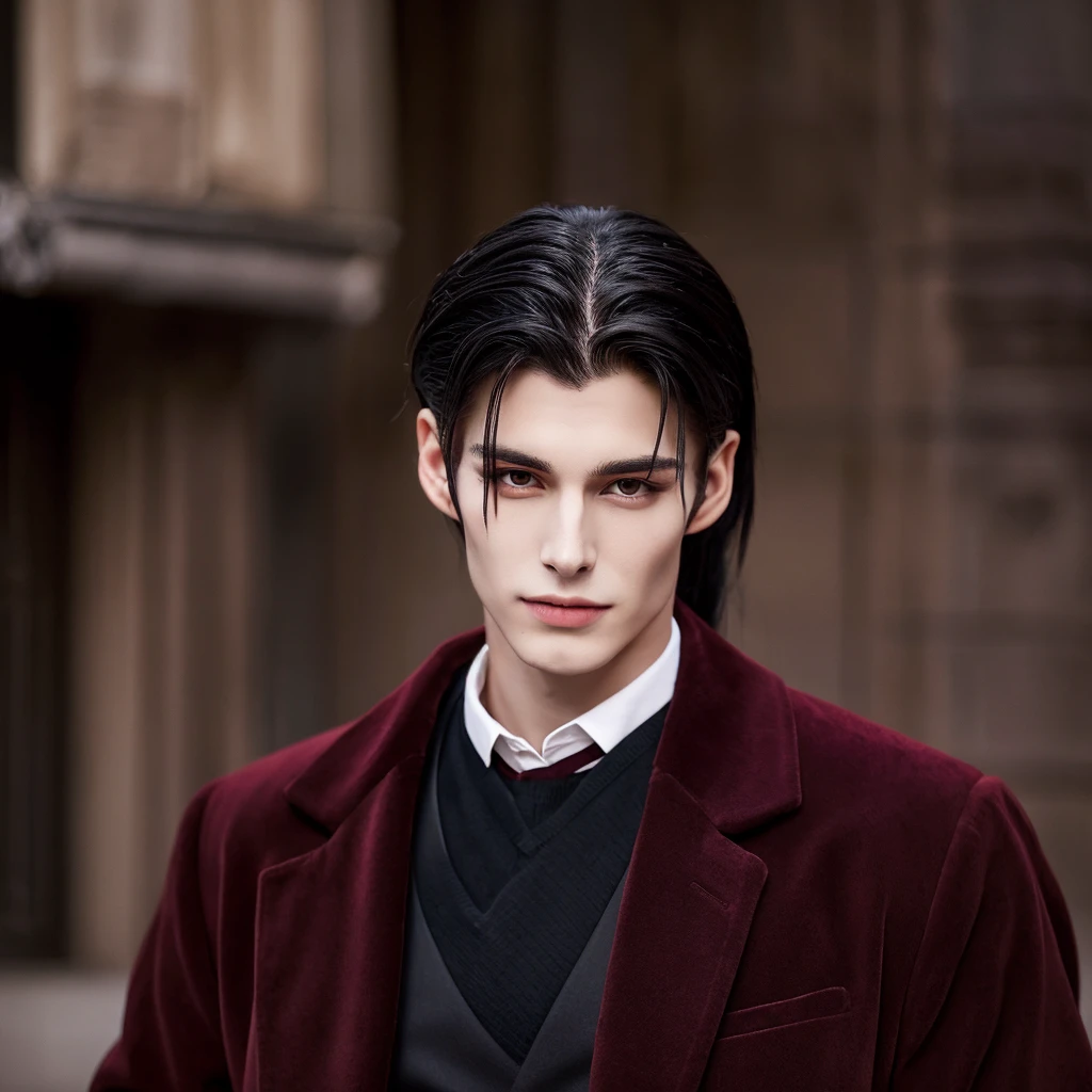 Tall vampire guy about 19 years old with black hair, gathered in a ponytail, brown eyes and a scar on his right eyebrow, dressed in a black suit with a burgundy jacket. 