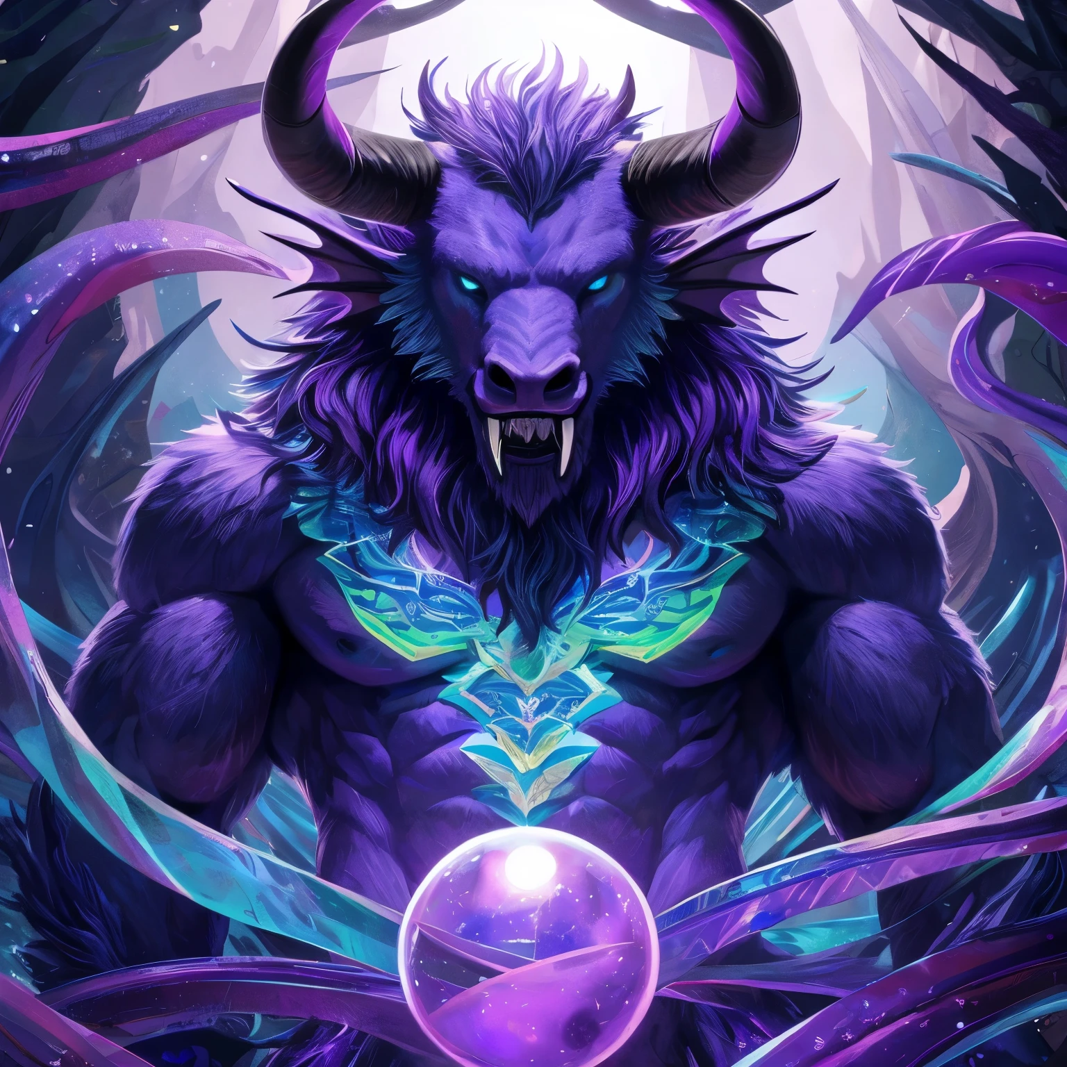 Minotaur, fur a vivid light blue, long fangs, blue and purple fish fins, blue and purple tentacles, blue and purple antenna holding luminescent orbs, head glowing iridescent sea-green, best quality, masterpiece
