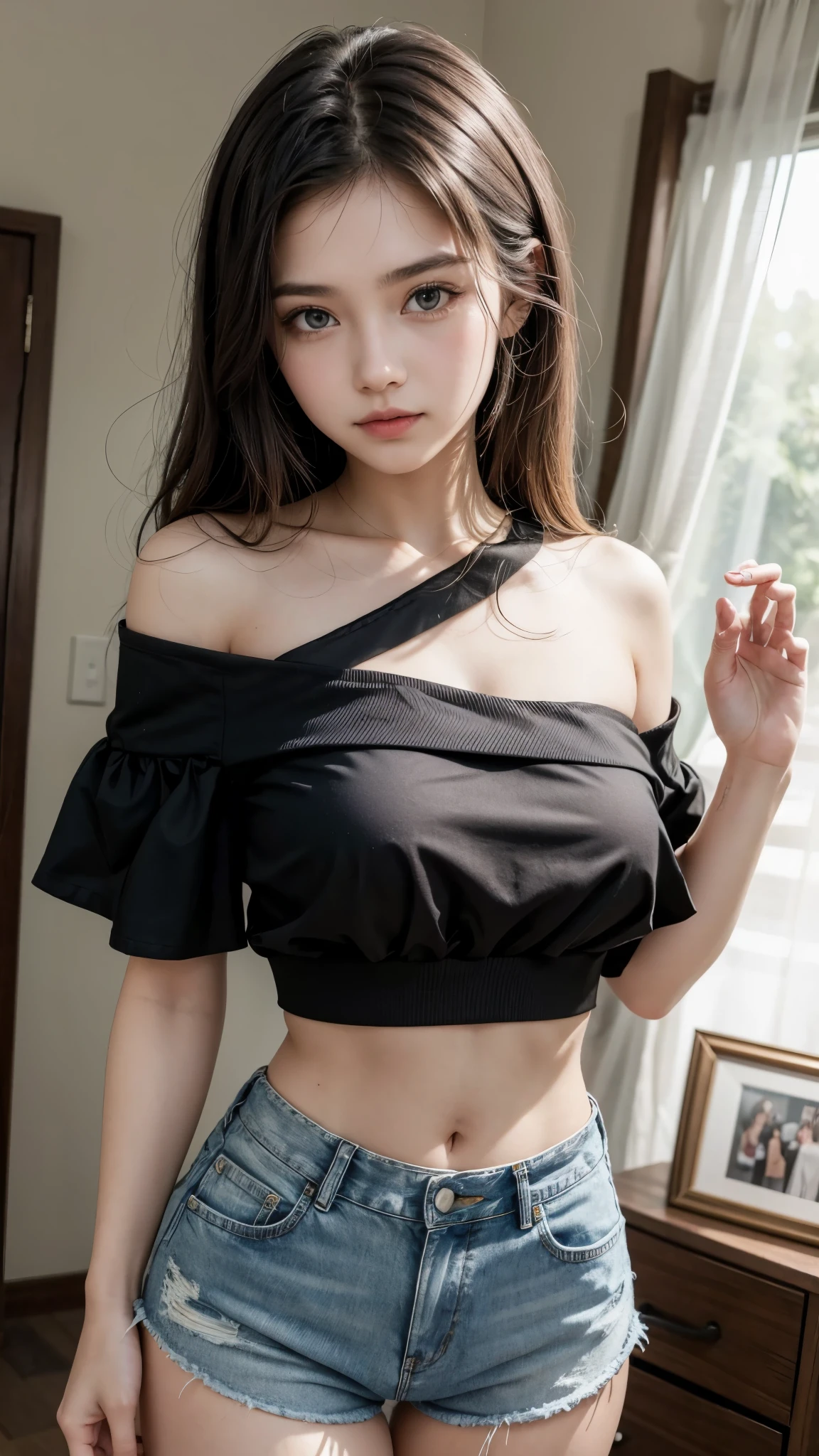 Beautiful 18 year old girl wearing black one shoulder short blouse and high waisted denim shorts showing her navel