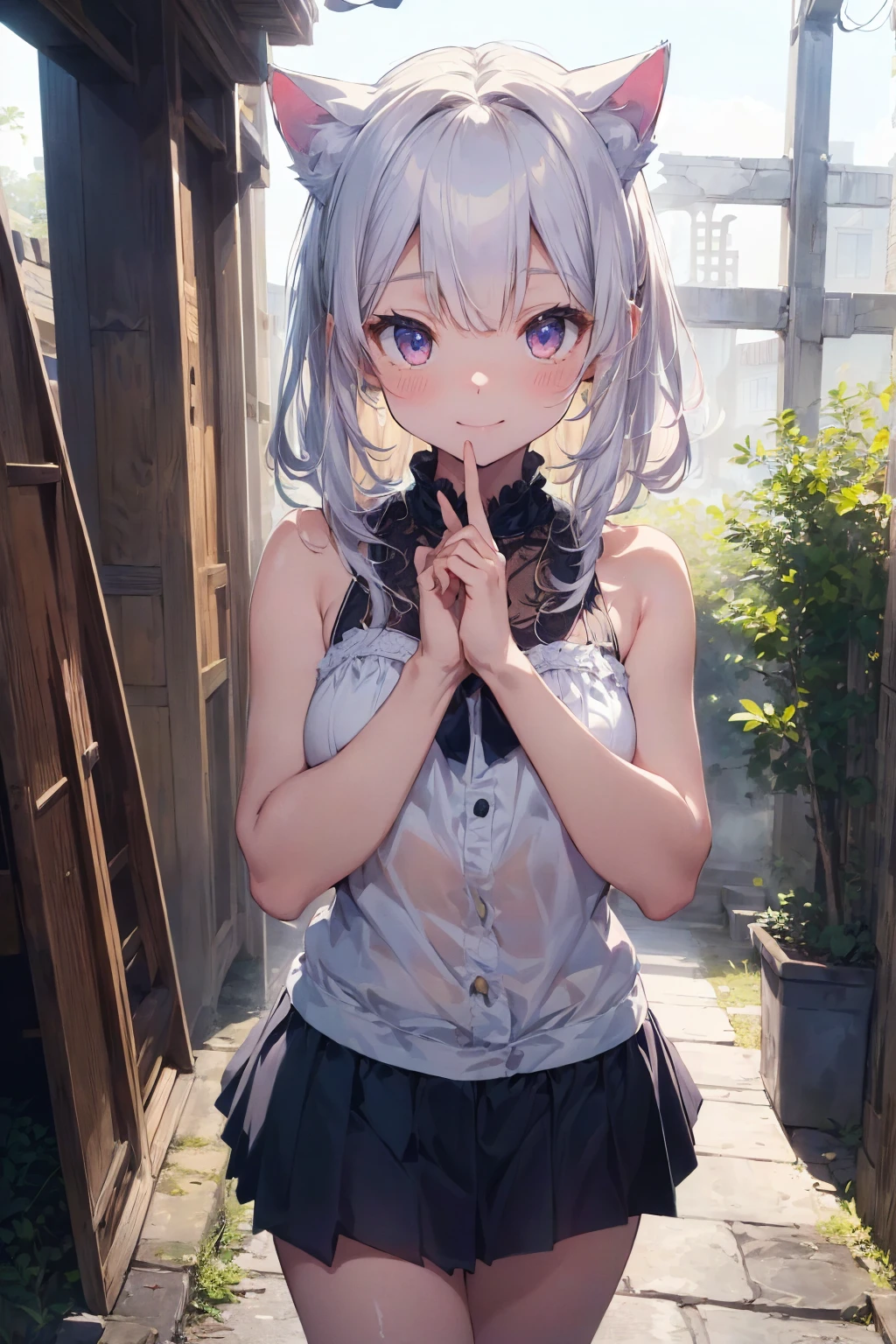 (((masterpiece))), (((Highest quality))), ((Very detailed)), ((Very detailedなイラスト)), ((Ultra-fine painting)), (16K Highest quality wallpaper:1.4), (Detailed and elaborate illustration style,:1.8) Detailed skin texture, High quality fabric, , (T-masterpiece), (Very detailedな顔:1.4), original, RAW Photos, Professional, Intricate details, Very detailed, Direct sunlight:1.6, ,(Cowboy Shot:1.9)、(Perfect Anatomy:1.4), (Extremely elaborate hands:1.2), (Very elaborate fingers:1.2), (Very elaborate fingers先:1.2),, (alone:1.6), (beautiful and adorable cat ears:1.6), (Intricate and delicate white cat ears:1.5), (beautiful, Shiny white hair:1.6), (Very fine and delicate white hair:1.4),, (Very detailedな顔:1.4),(Light purple eyes:1.6),(smile:1.4),(wariza:1.9),(anime:1.3), (Super Detail:1.2),(High resolution:1.3), (Professionalの写真撮影:1.2), (とてもbeautiful:1.2), (Absurd:1.2), (Sharp focus), (Perfect light), ((12 years old)), ((One girl)), alone, (Small box), View your viewers, (Playboy_bunny:1.3), Bare shoulders, Loose bangs,, (いたずらなsmile), Open your mouth, break, ((Highest quality)), (とてもbeautiful:1.2), (Absurd:1.2), ((Forward leg pose right hand only)), (Long eyelashes), ((Swollen eyes)),, Round eyes, (Ancient ruins overgrown with vegetation), (Decorated flowers),