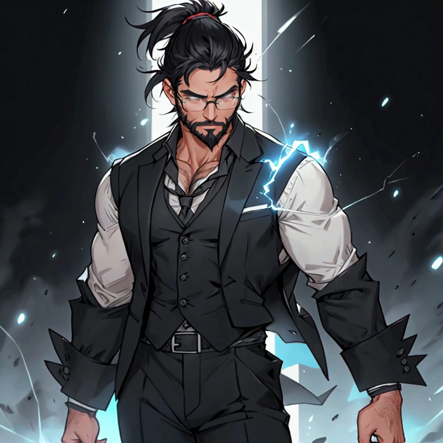 a muscular male with a ponytail, wearing glasses, wearing a business vest and black dress pants, has black hair, has a light scruffy beard, solo, alone, (SOLO)(ALONE) from the waist up, has glowing electrical powers