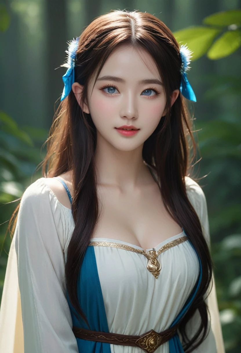 ((masterpiece)), ((best quality)), (ultra-detailed), ((kawaii)), cute, (lovely), (sexy), ((extremely detailed)), 4K, (8K), best quality, (beautiful), photorealistic, portrait, legendary, elf, a cute girl, solo, laugh, sorceress, ancient forest, mystical, aura, flowing robes, glowing, runes, wisdom, magic, serene, timeless, beautiful blue eyes, cinematic lighting,