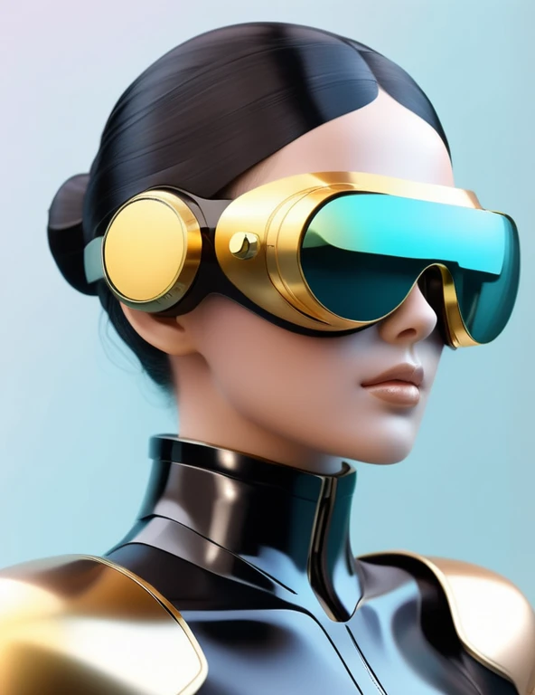 3D illustration of the upper body and face of an artificial intelligence model wearing futuristic glasses, Stylish goggles,Gradient Background, Pastel Color Palette, Black Gold, Simplicity, Cold metal texture, Surrealism,