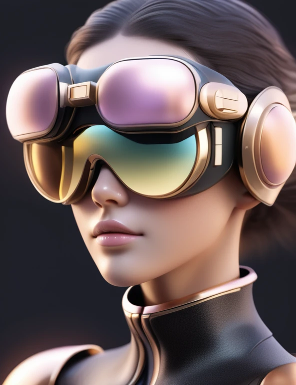 3D illustration of the upper body and face of an artificial intelligence model wearing futuristic glasses, Stylish goggles,Gradient Background, Pastel Color Palette, Black Gold, Simplicity, Cold metal texture, Surrealism,