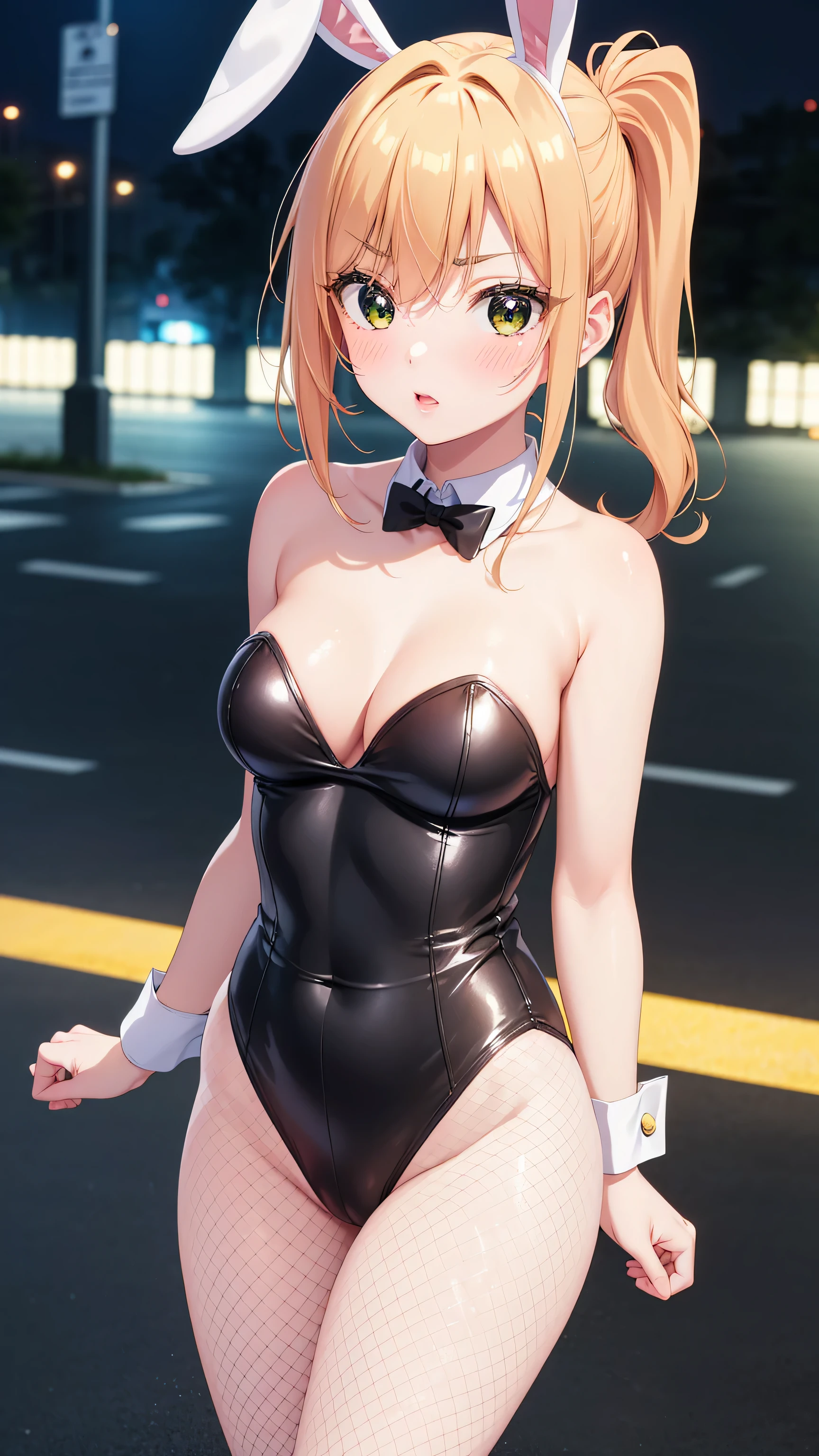 masterpiece, best quality, highres, 1girl, detailed face, blush, anime CG style, (medium breasts), (18 year old girl:1.3), (aged up), good lighting, perfect body, karane inda, glossy lips, strapless leotard, detached collar, wrist cuffs, (white fishnet tights), bunny ears, (curvy), confused
