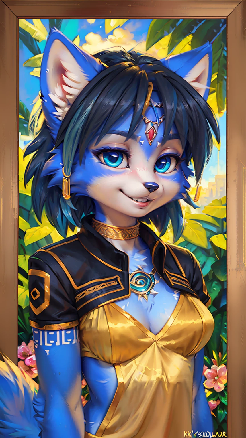 A beautiful and detailed (sweet picture) wa ((krystal)), Star Fox Krystal, sslim, lovable, green eyes, medium breasts, (((Long blue hair 1.3))), ((black hair tips)), Decollete, grin, look up,, anthro, furry, Uploaded E621, detailed fluffy fur, (wa Fluff-Kevlar, Bayard Wu, personalize me, Pino Daeni), detailed face, (fluffy), 1 girl, alone, Tribal clothing, sweet girl, alone4k, ,8k, A high resolution, best qualitUnd, Perfect colors, perfect shadows, perfect lightning, black jacket, Ruffles, jewellery, Hair decoration, purple eyes, (((Portrait in a frame))), (((old portrait in vintage style, Oil painting)))