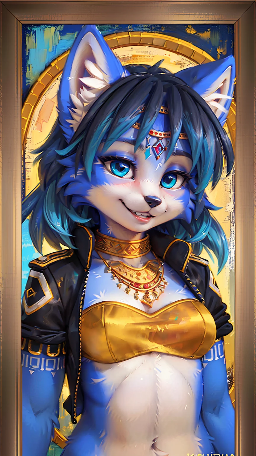 A beautiful and detailed (sweet picture) wa ((krystal)), Star Fox Krystal, sslim, lovable, green eyes, medium breasts, (((Long blue hair 1.3))), ((black hair tips)), Decollete, grin, look up,, anthro, furry, Uploaded E621, detailed fluffy fur, (wa Fluff-Kevlar, Bayard Wu, personalize me, Pino Daeni), detailed face, (fluffy), 1 girl, alone, Tribal clothing, sweet girl, alone4k, ,8k, A high resolution, best qualitUnd, Perfect colors, perfect shadows, perfect lightning, black jacket, Ruffles, jewellery, Hair decoration, purple eyes, (((Portrait in a frame))), (((old portrait in vintage style, Oil painting)))