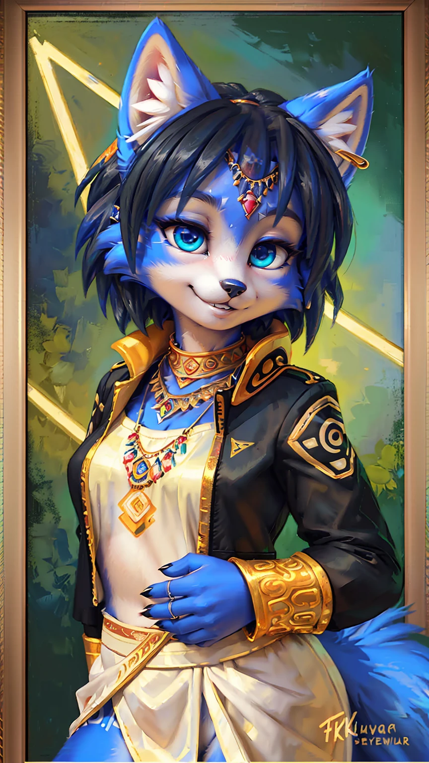 A beautiful and detailed (sweet picture) wa ((krystal)), Star Fox Krystal, sslim, lovable, green eyes, medium breasts, (((Long blue hair 1.3))),  ((black hair tips)), Decollete, grin, look up,, anthro, furry, Uploaded E621, detailed fluffy fur, (wa Fluff-Kevlar, Bayard Wu, personalize me, Pino Daeni), detailed face, (fluffy), 1 girl, alone,  Tribal clothing, sweet girl, alone4k, ,8k, A high resolution, best qualitUnd, Perfect colors, perfect shadows, perfect lightning, black jacket, Ruffles, jewellery, Hair decoration, purple eyes, (((Portrait in a frame))), (((old portrait in vintage style, Oil painting)))