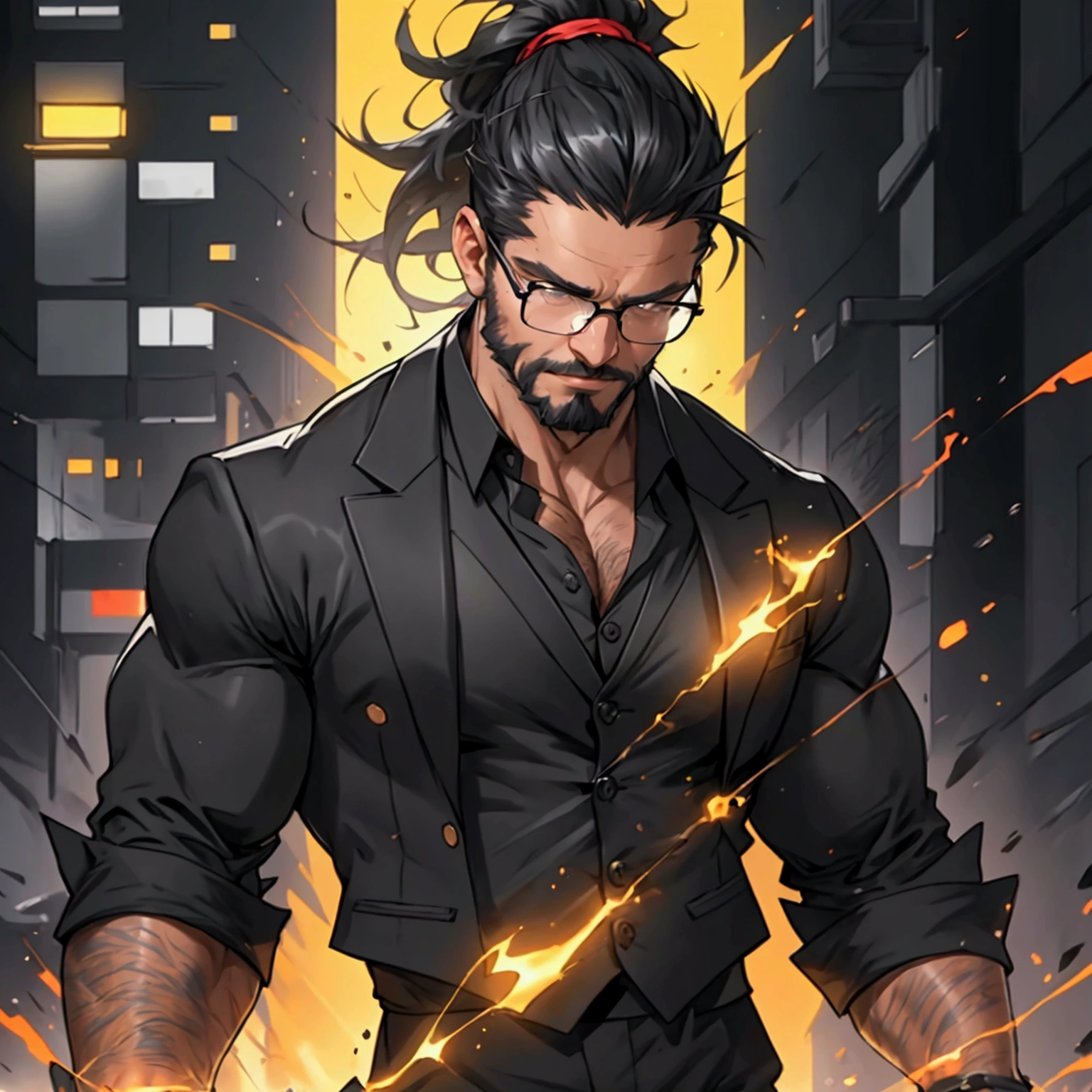 a muscular man with a ponytail, glasses, black hair, light scruffy beard, wearing a business vest and black dress pants, solo, alone, glowing electrical powers, (SOLO)(ALONE), best quality, 8k, highres, masterpiece, ultra-detailed, realistic, photorealistic, photo-realistic, HDR, UHD, studio lighting, ultra-fine painting, sharp focus, physically-based rendering, extreme detail description, professional, vivid colors, bokeh
