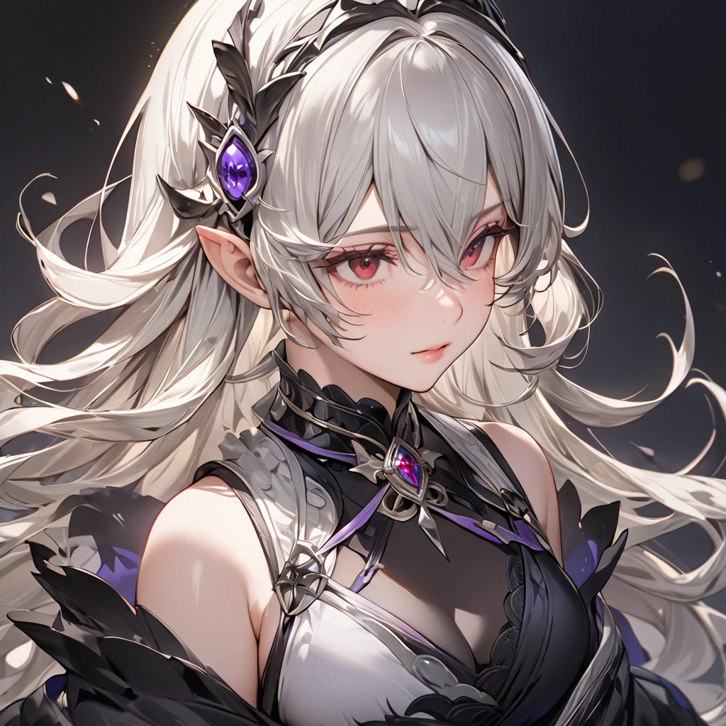 ((Highest quality)), ((masterpiece)), (detailed), （Perfect Face）、The woman is Kamui, a dark princess with medium-long silver hair.