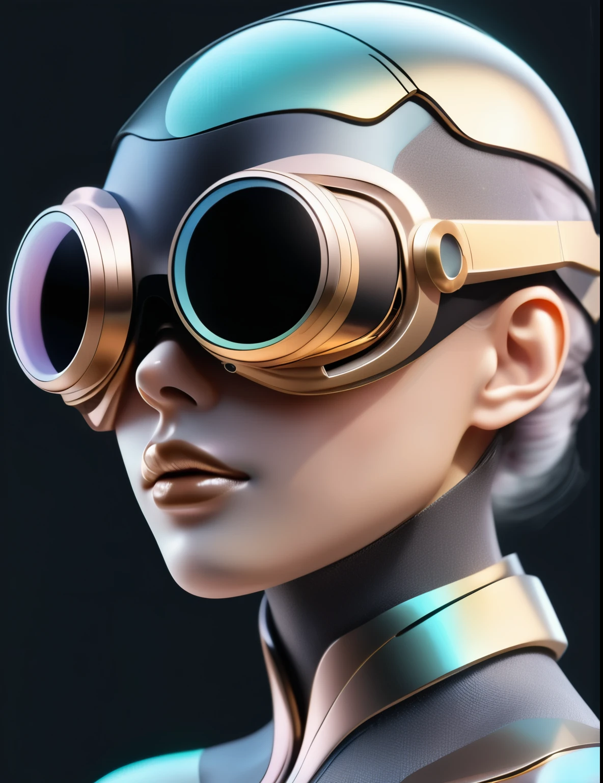 3D illustration of the upper body and face of an artificial intelligence model wearing futuristic glasses, Stylish goggles,Gradient Background, Pastel Color Palette, Black Gold, Simplicity, Cold metal texture, Surrealism,