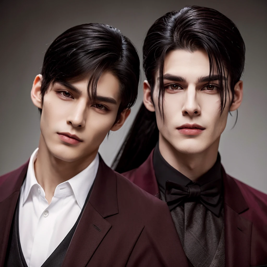 Tall vampire guy about 19 years old with black hair, gathered in a ponytail, brown eyes and a scar on his right eyebrow, dressed in a black suit with a burgundy jacket.