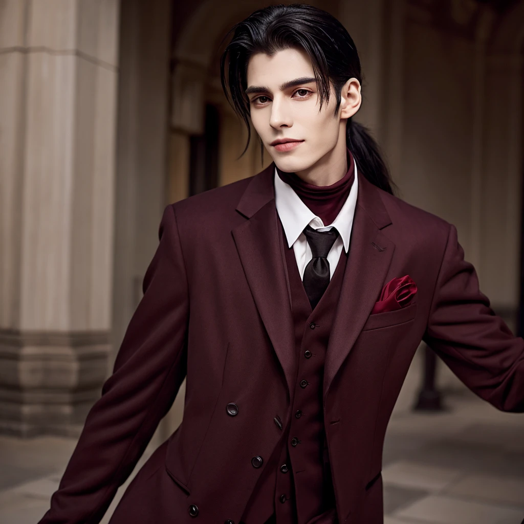 Tall vampire guy about 19 years old with black hair, gathered in a ponytail, brown eyes and a scar on his right eyebrow, dressed in a black suit with a burgundy jacket.