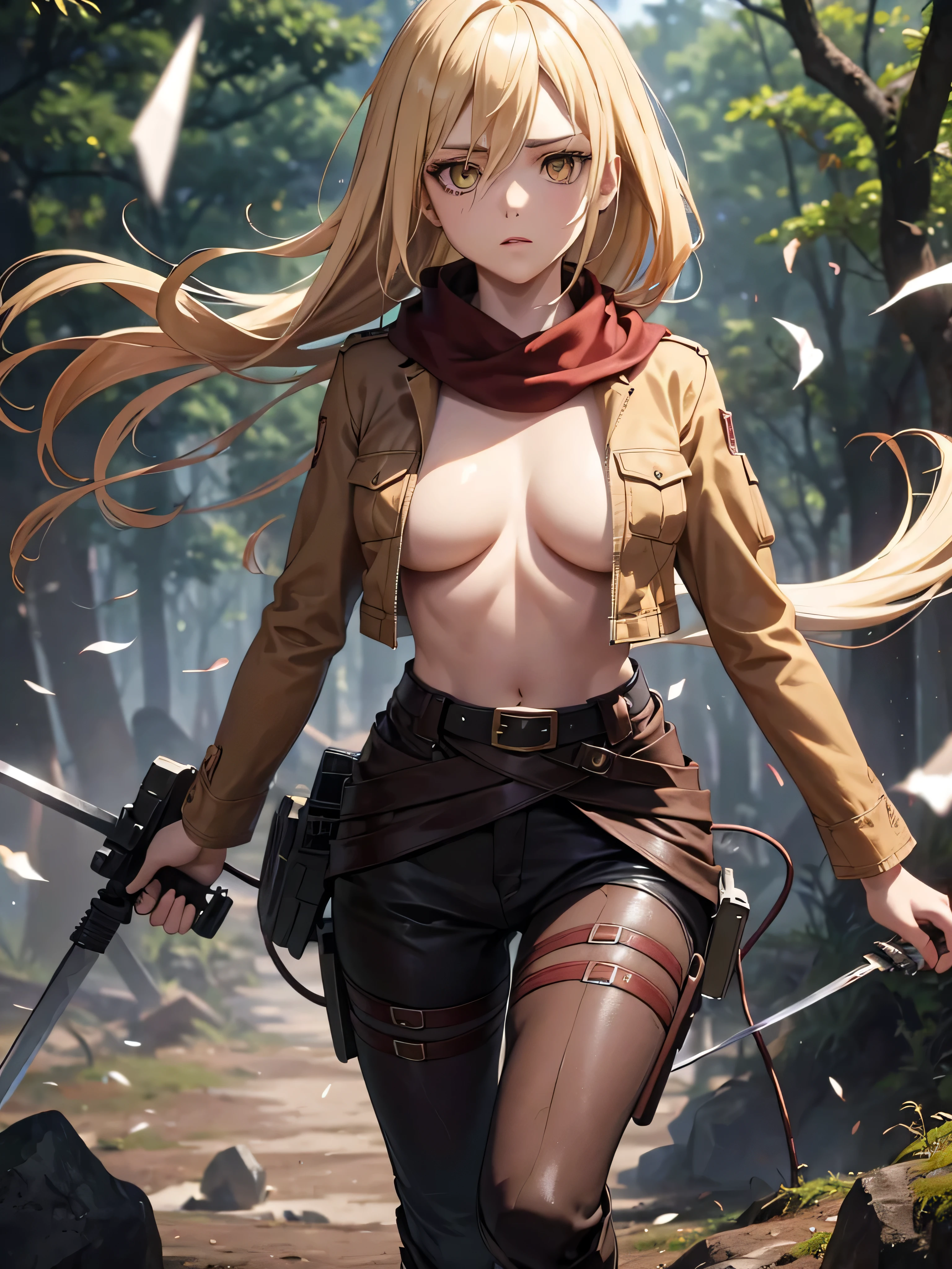 Historia, blond hair, medium breasts, belt, thigh strap, red scarf, black pants, brown jacket, holding weapon, sword, dual wielding, three-dimensional maneuver gear, topless, blood in face , in the deep forest, in the battle field, stunning innocent symmetry face, the perfect body, Average Breasts, Slim waist, Slim legs, (high skin detail:1.4), deep Yellow eyes, upper body, chest exposed, focus on breasts, brown short jacket, stylish and cool pose