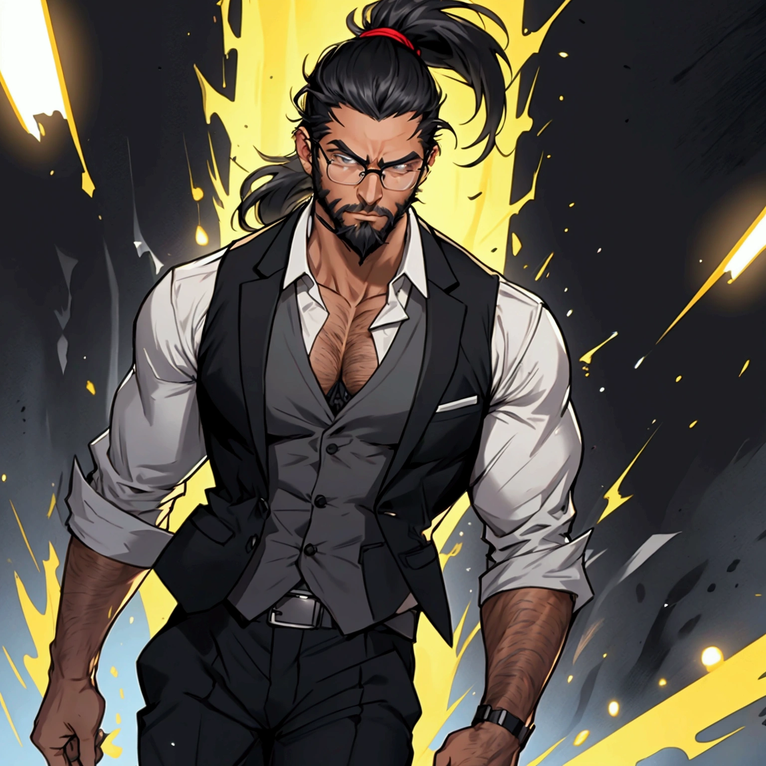 a muscular male with a ponytail, wearing glasses, wearing a business vest and black dress pants, has black hair, has a light scruffy beard, solo, alone, (SOLO)(ALONE) from the waist up, has glowing electrical powers