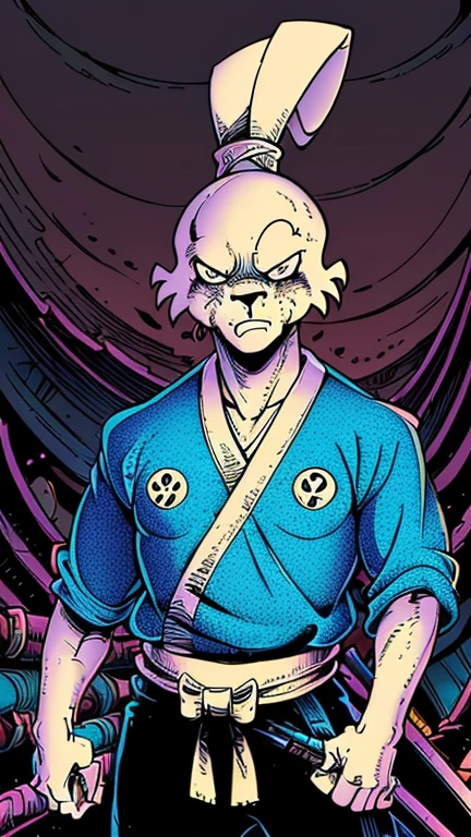 (Teens:1boy: usagi yojimbo), (extremely detailed CG unit 8k wallpaper),(master part), (best quality), (ultra detail), (best illustration),(melhor ombre), cowboy shot, (Sharp eyeliner, ombre, detail eyes:1),dark neon light post apocalyptic interiors background, ,break , (glitchsamurai style), upper body