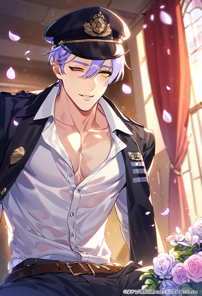 absurdres, highres, ultra detailed, HDR, master piece, best quality, Kuya, light-purple hair, hterochromia, right eye is yellow, left eye is blue, Nu Carnival, solo, sexy man, handsome, horny, lewd, black police officer clothes, unbuttoned shirt, black hat, fantasy, police station, window, petals, flowers, room, red curtains