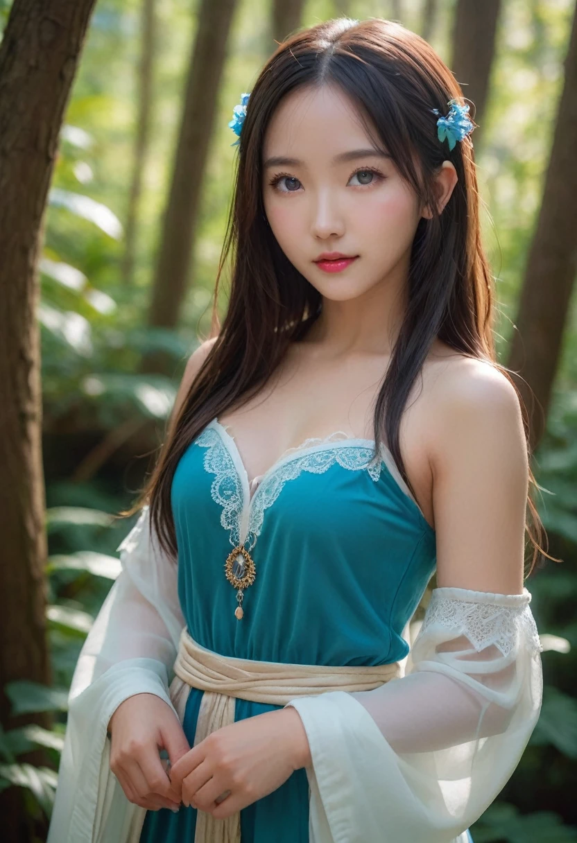 ((masterpiece)), ((best quality)), (ultra-detailed), ((kawaii)), cute, (lovely), (sexy), ((extremely detailed)), 4K, (8K), best quality, (beautiful), photorealistic, portrait, legendary, elf, a cute girl, solo, laugh, sorceress, ancient forest, mystical, aura, flowing robes, glowing, runes, wisdom, magic, serene, timeless, beautiful blue eyes, cinematic lighting,