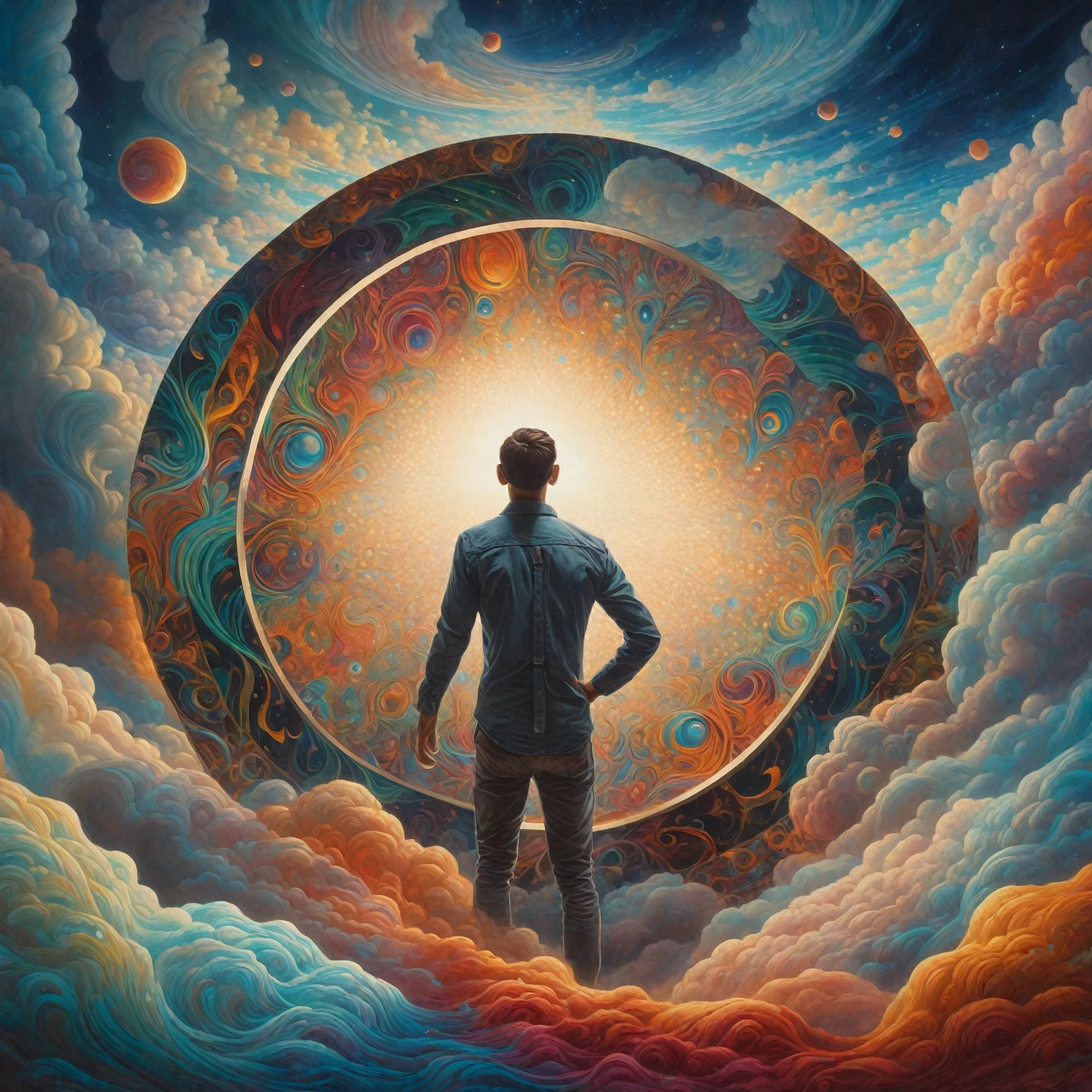 a painting of a man standing in front of a circular window, psychedelic surreal art, otherworldly visuals, dan mumford and alex grey style, an interdimensional being, abstract surrealism, abstract surrealism masterpiece, greg beeple, surreal psychedelic design, epic surrealism 8k oil painting, dimensional portal, visionary art style, portal to another universe, astral appearance, illusion psychedelic art