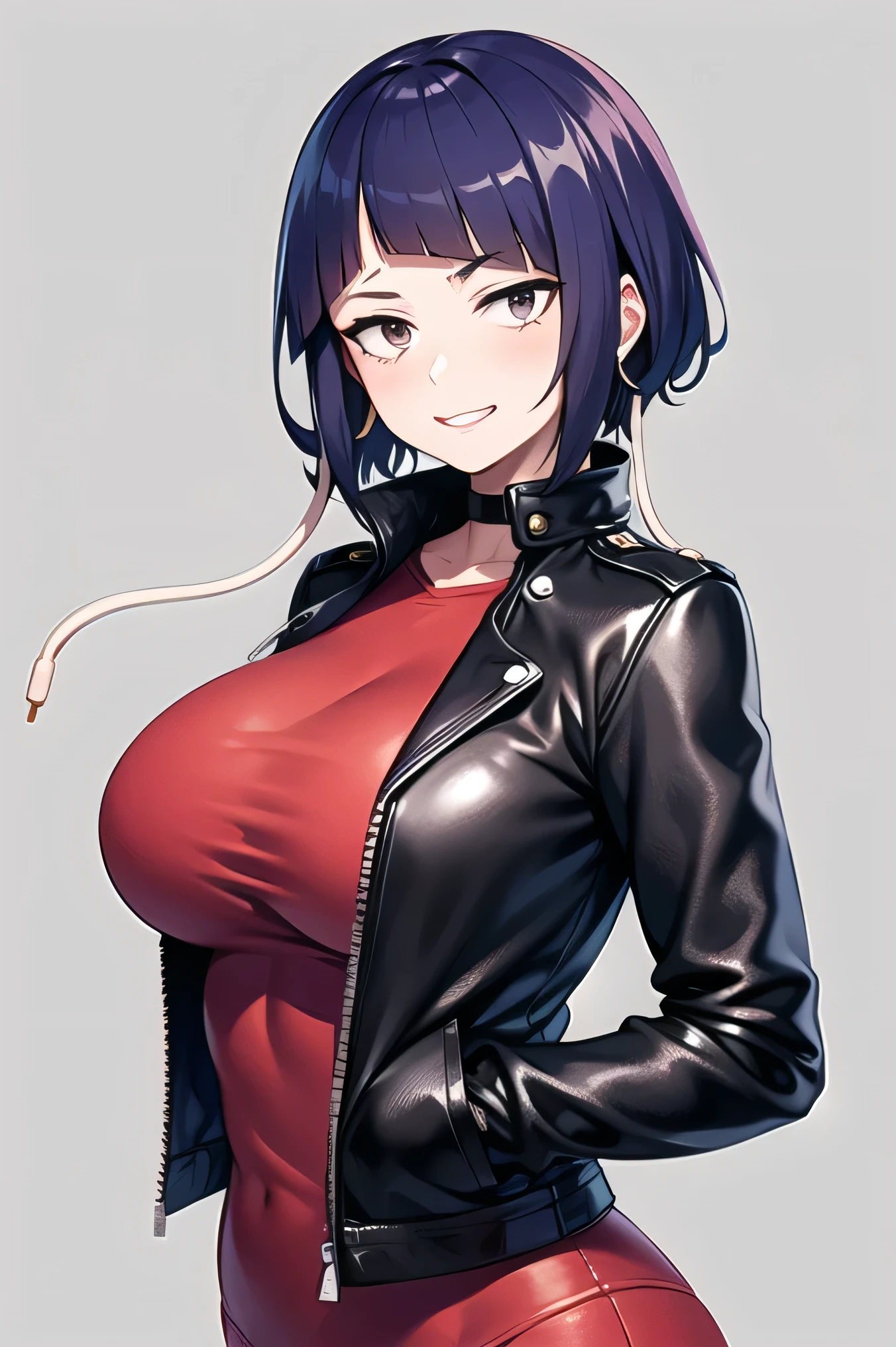 masterpiece, best quality, 1girl, upperbody, jirou, milf , Black leather jacket, big breasts, look at the camera perverted smile