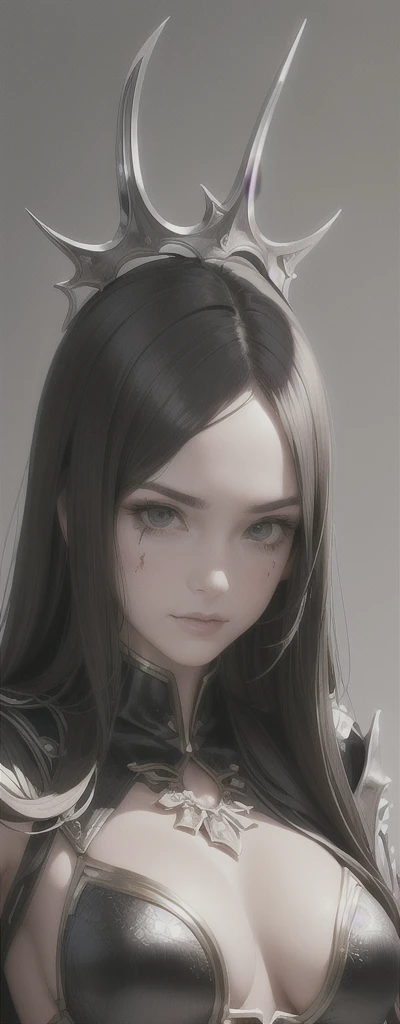 Photo of adepta sororitas, argent shroud, full armor, full metal armor, Christina Chong beautiful face, narrowed eyes. smirk. black braided hair with narrowed eyes, wearing intricate ornamented metal armor, stern face,, solo, (female:1.2), epic, platinum white armor, white pelvic curtain, bronze trimmings, , facial scar, iron halo, ((upper body:1.3)) focus, close-up, banner background,