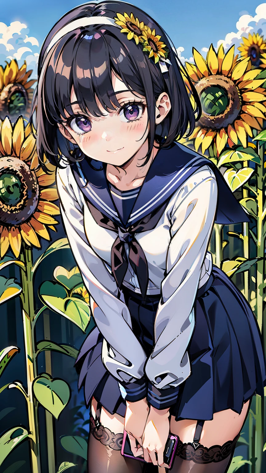 sailor uniform, One Woman, (A beauty woman, Delicate high school girl:1.3), 8K, highest quality, masterpiece, Very detailed, Ultra-high resolution, Realistic, RAW Photos, Absolute Resolution, Black Hair, Bobcut, Small face compared to body, Very small face, Black Hair, ((Navy blue sailor suit)), Navy Blue Skirt, High school girl in sailor suit, 2D Rendering of Anime, (White headband:1.3), Small , tall, Slanted Eyes, Purple Eyes, Black Stockings, garter belt, Embarrassed smile, garden, (Take a photo with your smartphone:1.3), (Top-down position:1.3), blurry background, (sunflower field:1.4)