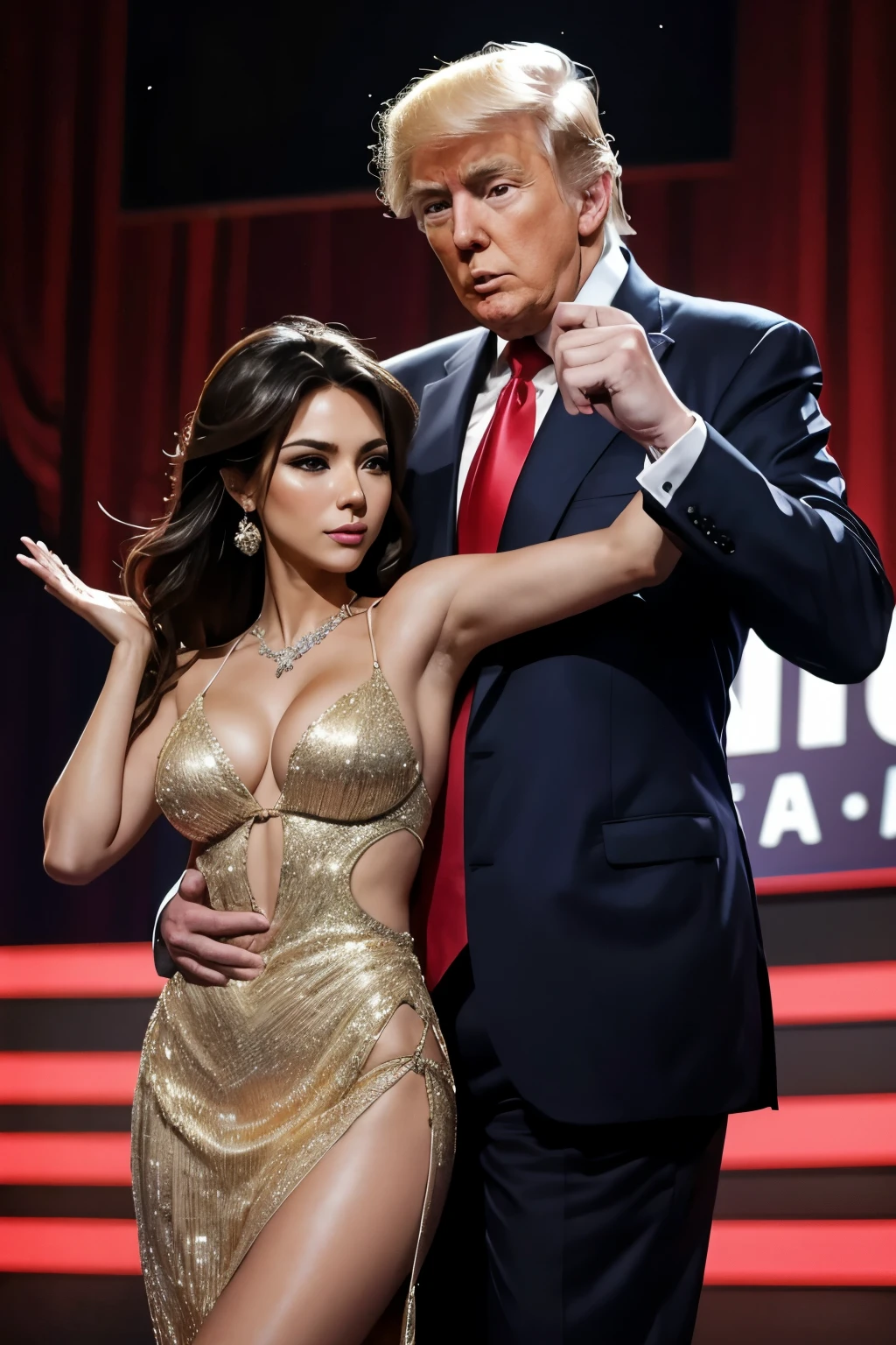 trump in ganster suit dancing with beautiful female 