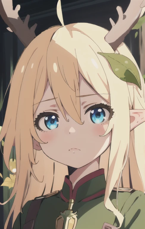(masterpiece, best quality), 1girl, intricate details, blonde, leaf, wavy hair, looking at viewer, elf, upper body, forest, frills, mist, deer antlers,