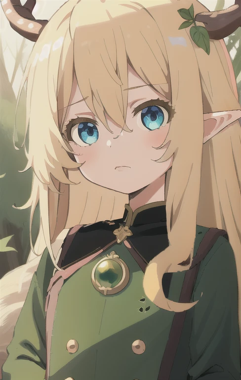 (masterpiece, best quality), 1girl, intricate details, blonde, leaf, wavy hair, looking at viewer, elf, upper body, forest, frills, mist, deer antlers,