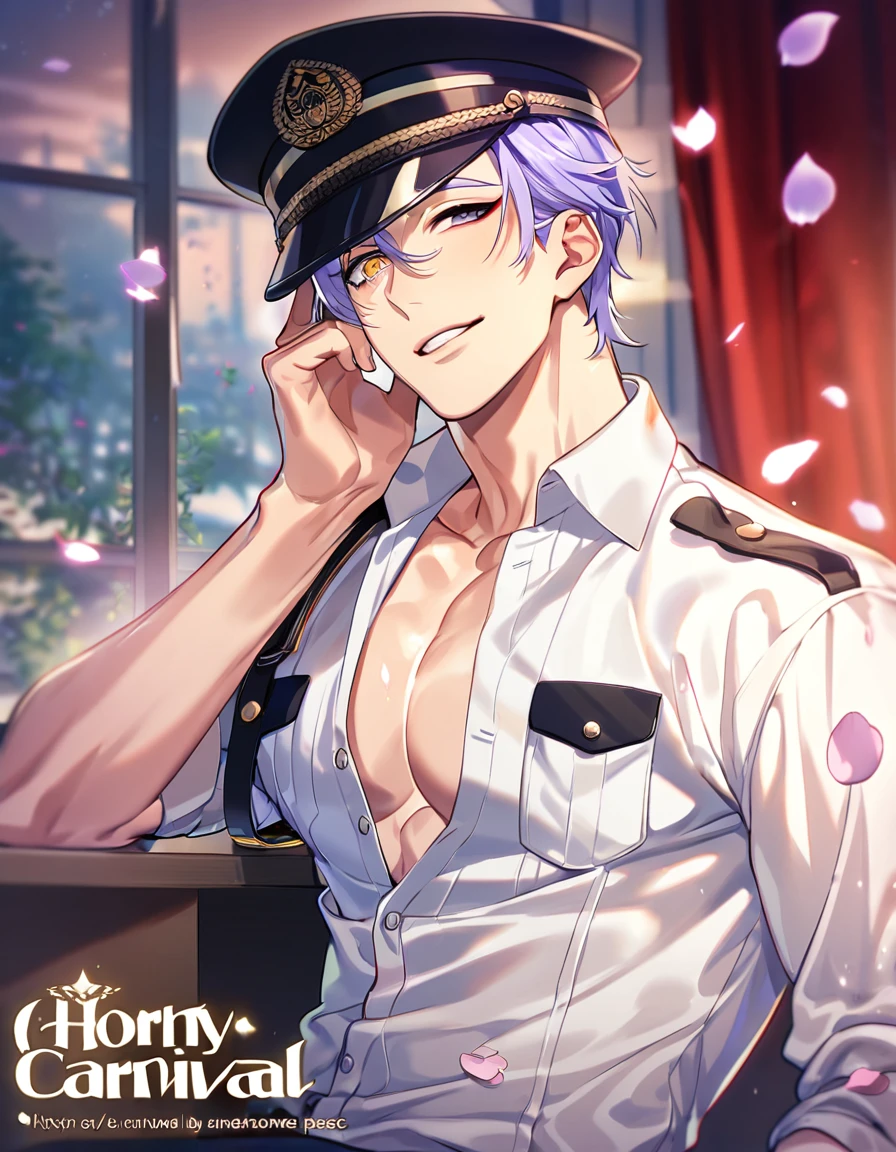 absurdres, highres, ultra detailed, HDR, master piece, best quality, Edmond, light-blue hair, expressive blue eyes, Nu Carnival, solo, sexy man, handsome, horny, lewd, black priest robes, accessories, showing the chest, cross necklace, priest, white gloves, fantasy, magical, white roses, white petals, blue sky, church